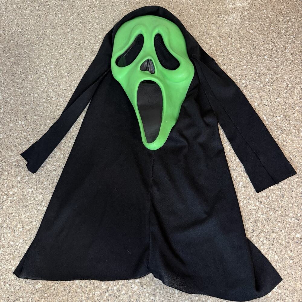 Vintage Easter Unlimited Ghost Face Scream Neon Green Mask Hood Halloween EUC